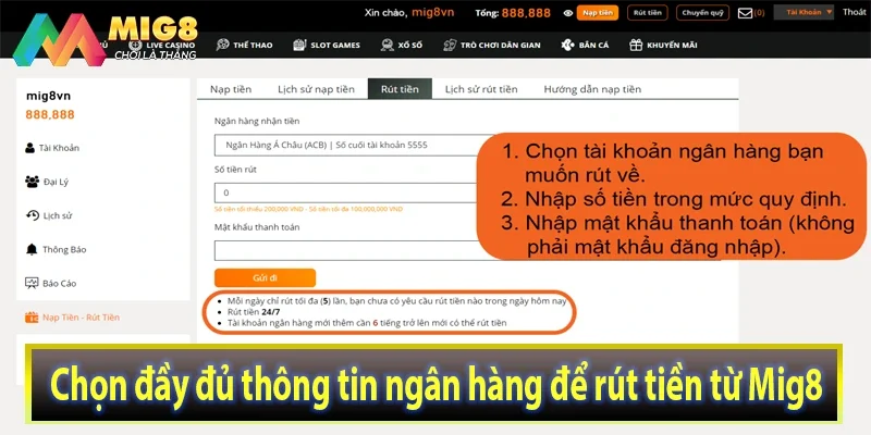 Chọn đầy đủ thông tin ngân hàng để rút tiền từ Mig8