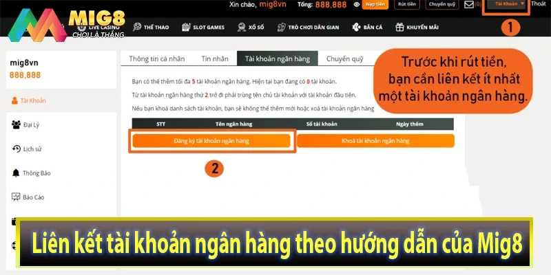 Liên kết tài khoản ngân hàng theo hướng dẫn của Mig8