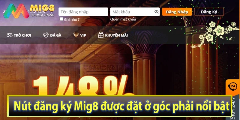 Nút đăng ký Mig8 được đặt ở góc phải nổi bật